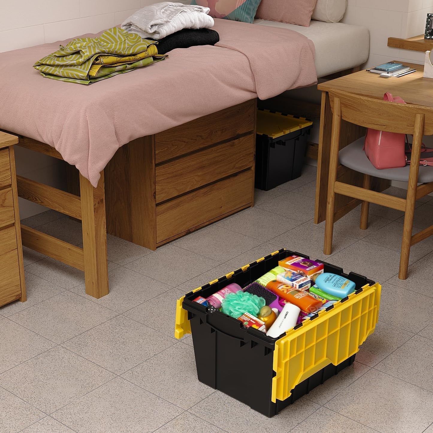 Akro-Mils KeepBox 12 Gallon Storage Container, Nesting and Stackable Plastic Storage Box with Lid Attached, Organizer Tote for Garages, Closets, and Moving, 21-1/2" x 15" x 12-1/2", Black/Yellow