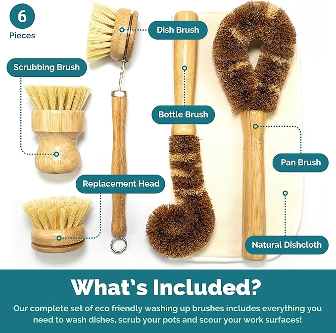 Jungle Culture® 6 Pack Bamboo Dish Brush Set