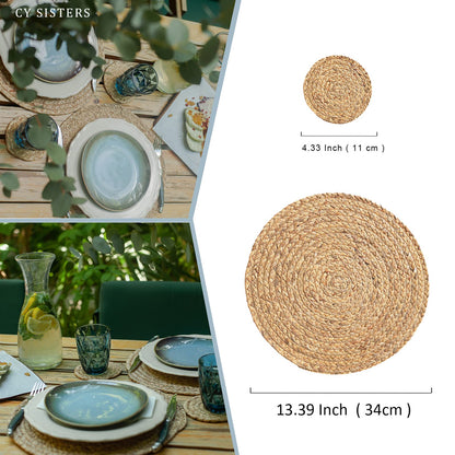 CY SISTERS Woven Placemats Round Placemats Set of 6, 13.5 Inch Wicker Placemat Circle Rattan Placemats Farmhouse Boho Braided Natural Water Hyacinth Place Mats for Indoor & Outdoor Table Decor