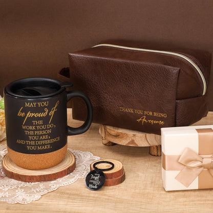 DERTE 12 Pcs Thank You Gift for Men Male Teacher Coworker Employee Appreciation Gift 15 oz Coffee Cup Leather Toiletry Bag Inspirational Keychain Set for Boss Staff Dad Fathers Day Husband Friends