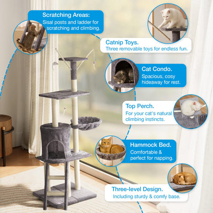 Milo & Misty Cat Tree – 146cm Play Cat Tower with Sisal Scratching Posts for Indoor Kittens, Multi Level House, Large Climbing Frame with House, Ladder and Hammock – Grey