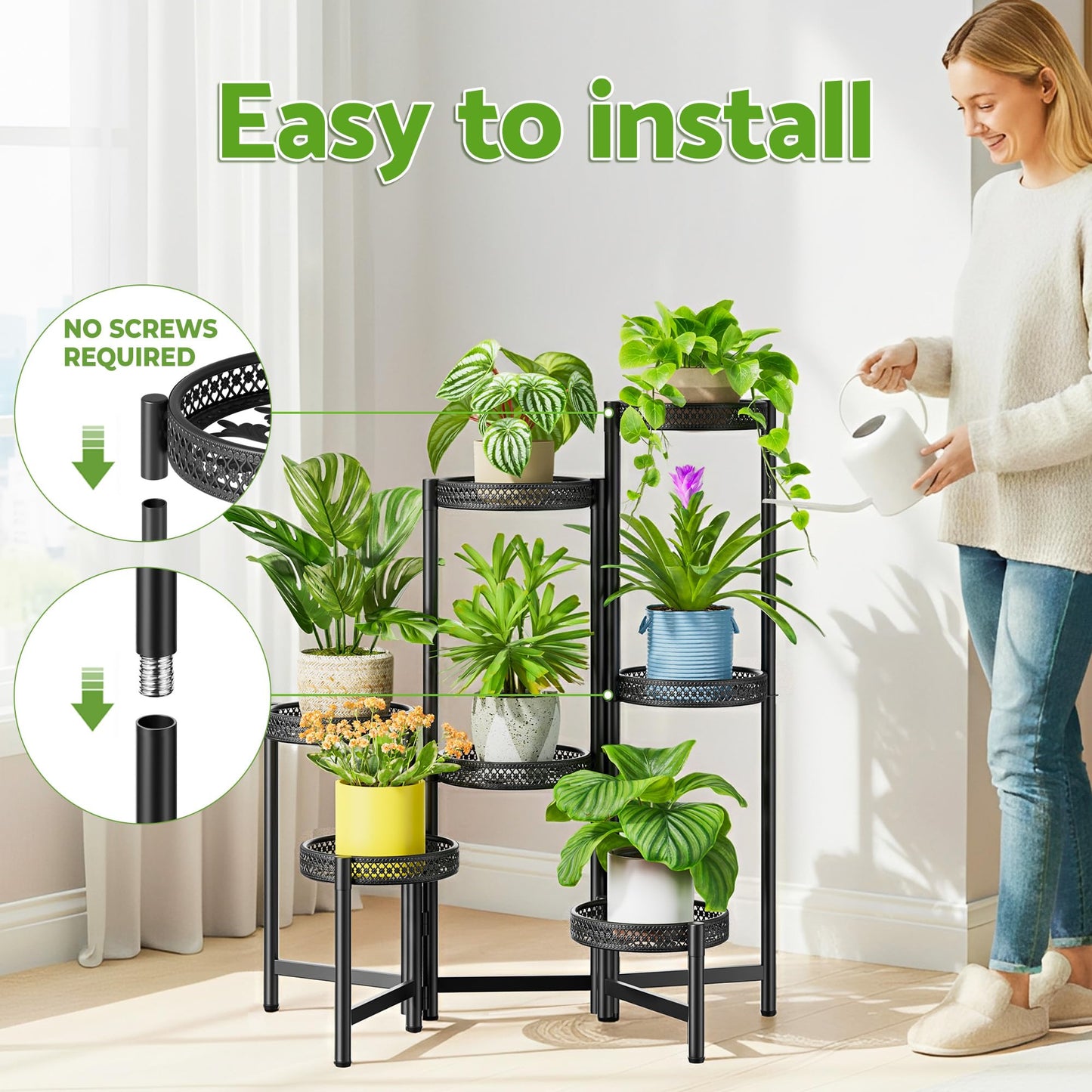 NQW 7 Tier Large Metal Plant Stand Indoor Outdoor with 7.9 Inch Wide Tray, Tiered Corner Plant Stand, Flower Display Holder Shelf, Folding Tall Rack for Patio Porch Balcony Living Room Garden - BlackWave