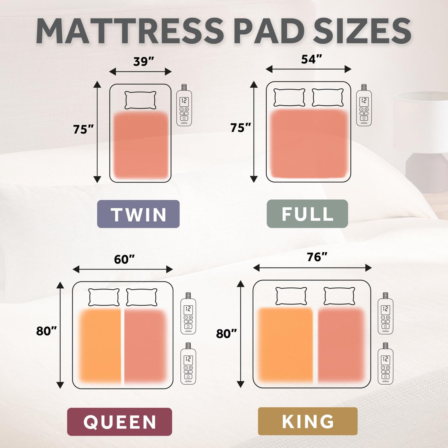 Sunbeam Premium Quilted Electric Heated Mattress Pad Twin 39" x 75" - 12 Heat Settings, 12-Hour Selectable Auto Shut-Off, Fast Heating, Warming Bed, Machine Washable, Extra-Soft Warm Cozy