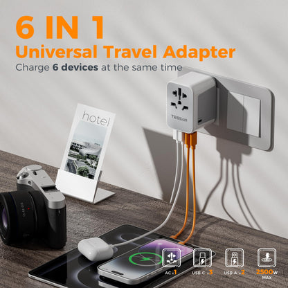 TESSAN Universal Travel Adapter 28W, Worldwide Plug Adaptor with 2 USB A and 3 USB C Ports, International Travel Adapter for EU, UK, USA, AU, Power Socket Charger for Multi Countries, Grey White