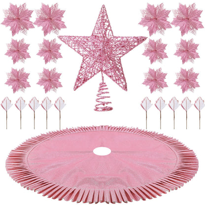 Sratte 6 inch Glittered Christmas Tree Topper Metal Christmas Star Treetop 31.5 Inch Glittered Christmas Tree Skirt and Christmas Flowers Decoration for Xmas Home Door Decor (Pink)