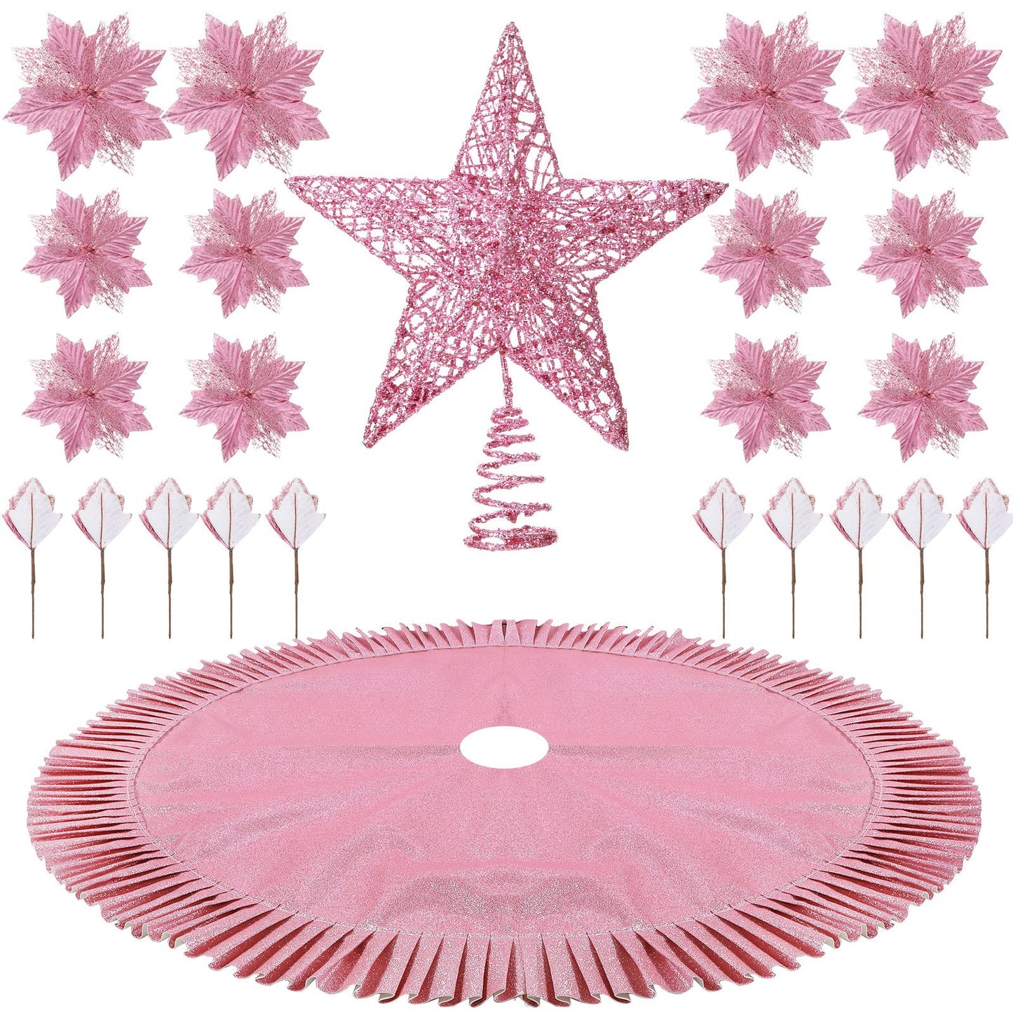 Sratte 6 inch Glittered Christmas Tree Topper Metal Christmas Star Treetop 31.5 Inch Glittered Christmas Tree Skirt and Christmas Flowers Decoration for Xmas Home Door Decor (Pink)