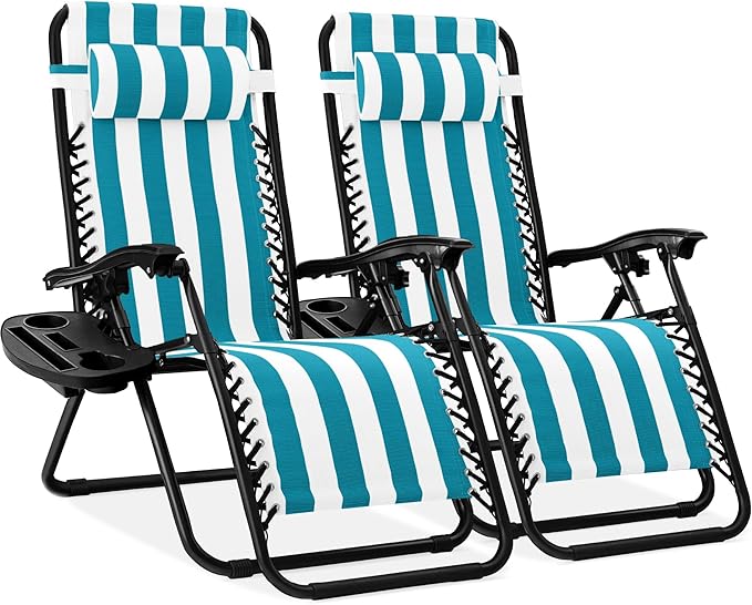 Best Choice Products Set of 2 Adjustable Steel Mesh Zero Gravity Lounge Chair Recliners w/Pillows and Cup Holder Trays - Peacock Striped