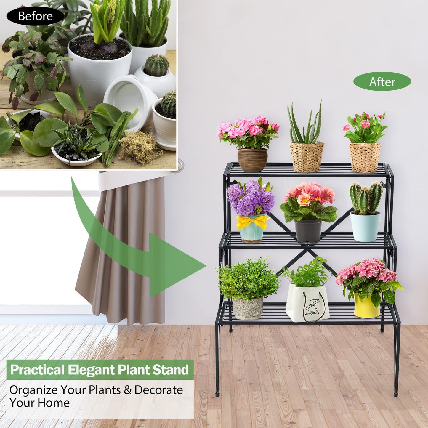 Giantex 3 Tier Metal Plant Stand, Black Corner Plant Stand Indoor w/ Widened Grid Shelf & Non-Slip Foot Pads, Display Rack Holder for Outdoor Porch Garden Patio Balcony