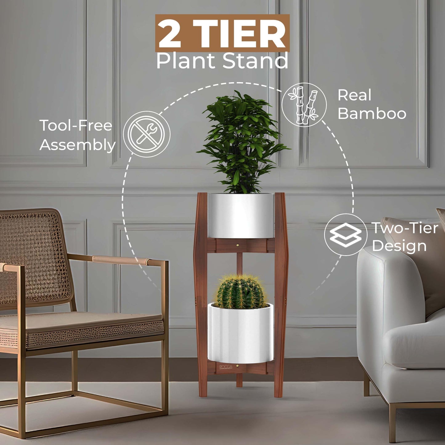 ROCCA 2-Tier Tall Plant Stand Indoor – Adjustable Bamboo Plant Stand (8–12”), Wooden Corner Pedestal for Multiple Pots, Modern Space-Saving Design