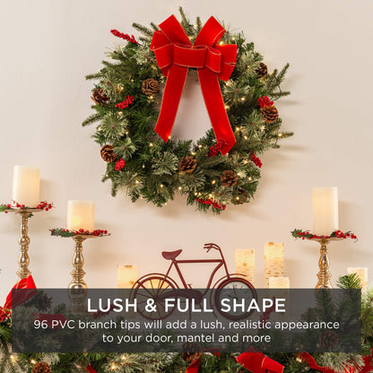 Best Choice Products 24in Pre-Lit Battery Powered Christmas Wreath Artificial Pre-Decorated Holiday Accent w/ 70 Lights, 96 PVC Tips, Ribbons, Pine Cones