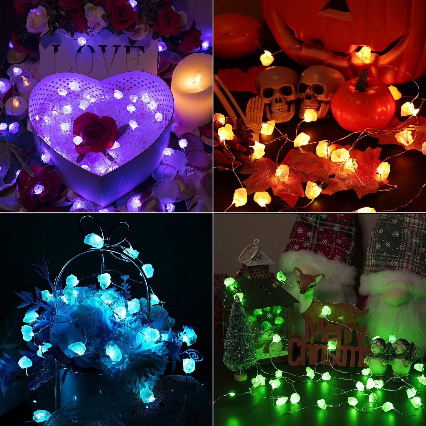 Hiboom 16 Colors Dimmable Amethyst String Light, 9.8FT 30 Crystal Natural Fluorite String Lights, Timer & 4 Modes, USB/Battery Powered Light for Salt Lamp Room Christmas Wedding Valentines Day
