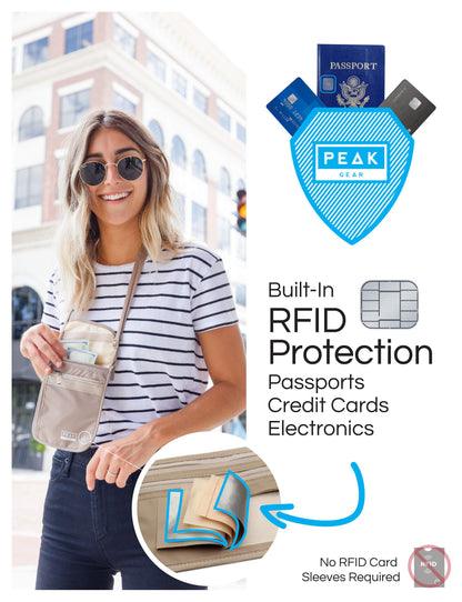 Peak Gear RFID Neck Wallet - The Original Travel Pouch with Adjustable Crossbody Strap + Theft Protection and Lost & Found Service | Beige