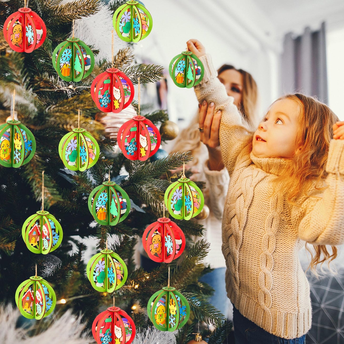Chunful 36 Pcs DIY Christmas Wood Crafts to Paint 3D Unfinished Wooden Ornaments Christmas Hanging Cutouts Blank Hollow Wood Santa Gingerbread Snowflake Holiday Slice for Xmas Tree Decorations