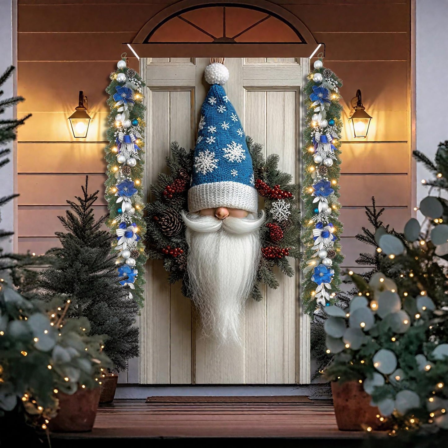 6ft Blue Silver Christmas Garland with Lights for Front Door,Lighted Winter Mantle,Fireplace and Stairs Decor- 20 Timer LED,prelit Magnolia Garland with Sparkle Ornament,Blue Floral Decor