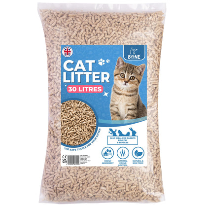 Fur & Bone 1 x 30L Cat Litter - Ultra Absorbent Biodegradable Wooden Pellets, Natural Scent, Odour Control, Soft Bedding for Comfort, Made from Virgin Wood - Scandinavian Timber Aroma