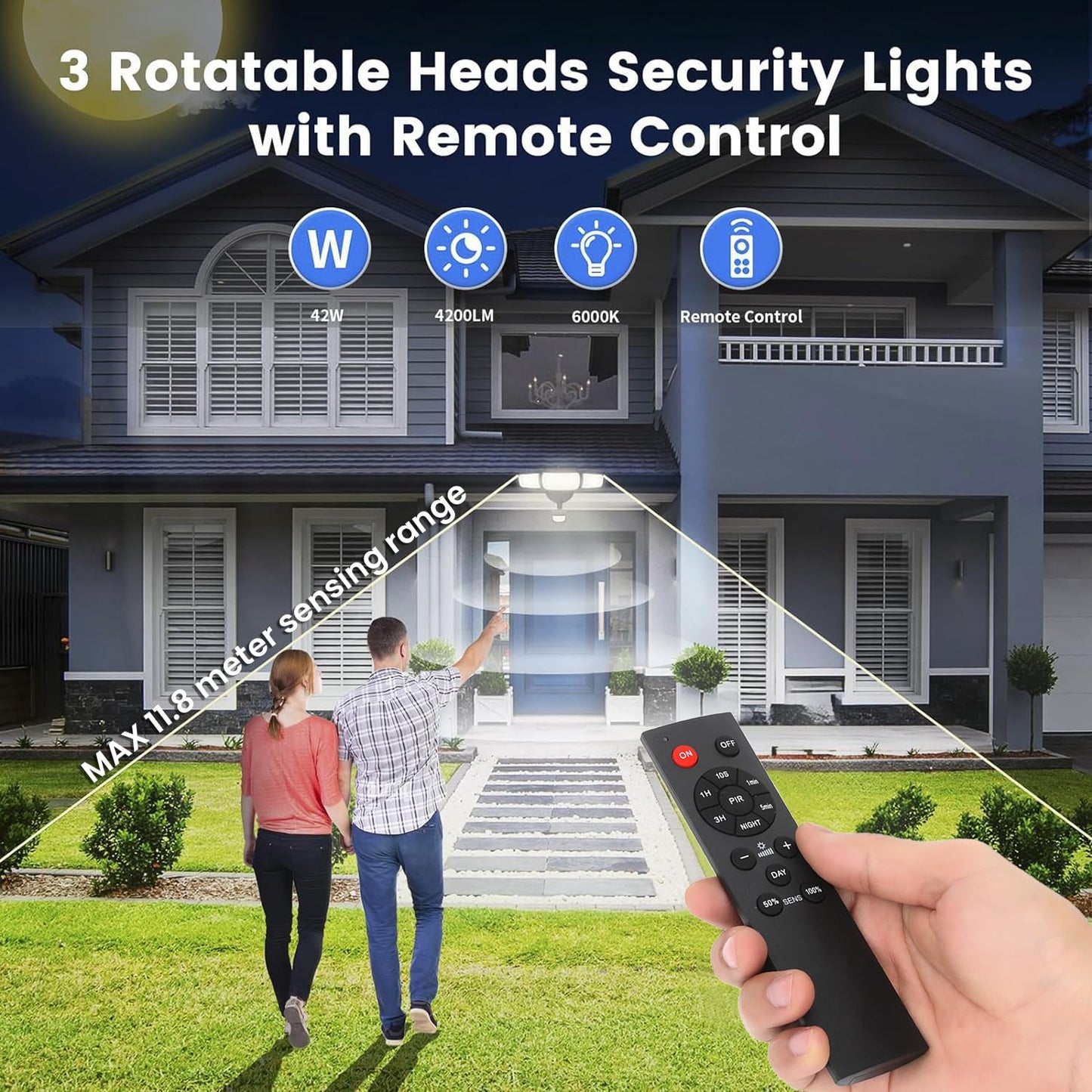 TONGLIN Security Light Outdoor, 4200LM 75LED Wiring Motion Sensor Lights, 42W 3-Head Angel Adjustable Flood Light with Remote Control, IP66 Waterproof Garden Light for Porch Patio Driveway Pathway
