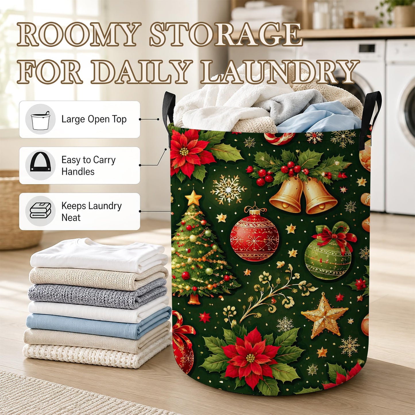 Christmas Tree Laundry Basket, Foldable Oxford Cloth Candy Gingerbread Man Laundry Hamper with Handles, Tote Bag Clothes Storage Bucket for Laundry Room/Bathroom/Bedroom/Dormitories 20.8"x16"