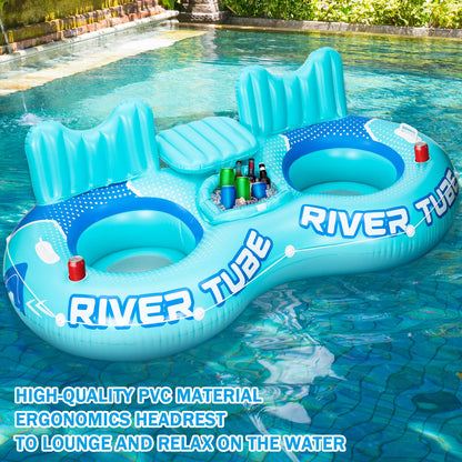 Glimin 3 Pcs Inflatable River Tube Float, 2 Person Heavy Duty Pool Float with Built in Cooler, Ergonomic Backrest and Cup Holders for Adults, Lake Water Tubes for Floating Summer Relaxation