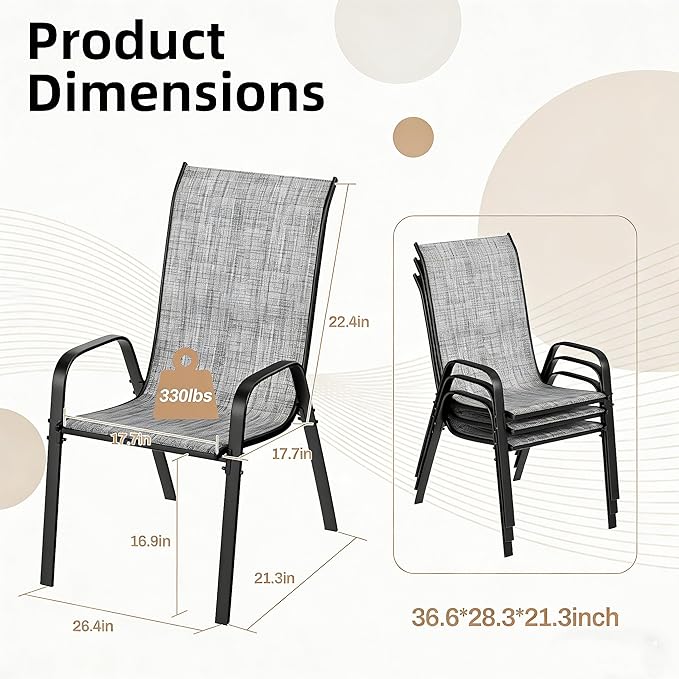 MAMIZO Patio Dining Chairs, Stackable All Weather Teslin Chair, Heavy Duty Outdoor Breathable Chairs Set, w/Armrests, Upgraded Chair FeetW/Strenthened Iron Spacers, 330 LBS (6, Grey)