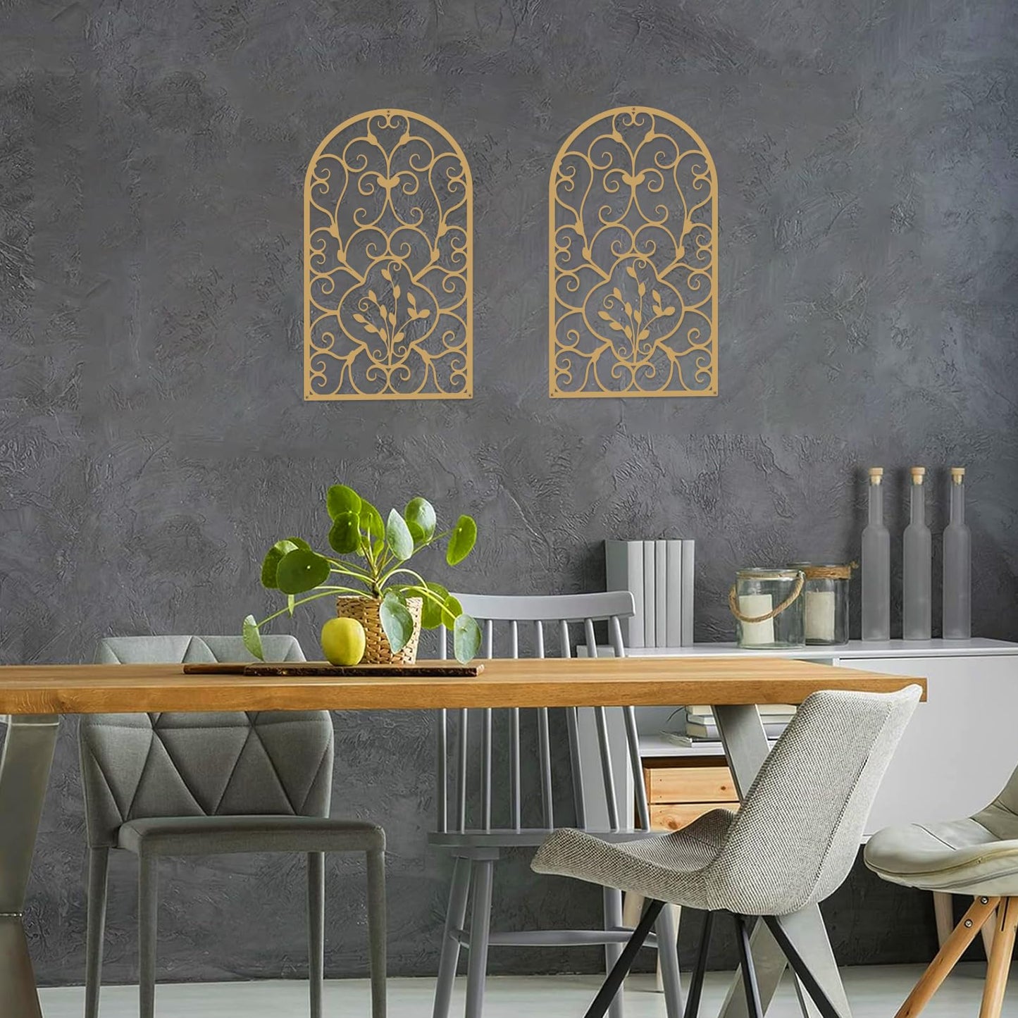 Resama 2 Pcs Scroll Home Wall Decor, Rustic Metal Wall Decor Arch Design Modern Farmhouse Wall Sculptures Hanging for Living Room Bedroom Hallway Kitchen (Gold, 15.7" X 9")