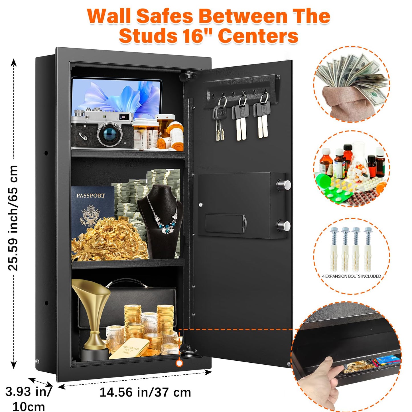 25.6" Tall Fireproof Wall Safes Between the Studs 16" Centers, Hidden Wall Safe with 2 Removable Shelf & Hidden Tray, Heavy Duty Wall Mount Safe for Money, Jewelry, Passport, Valuables