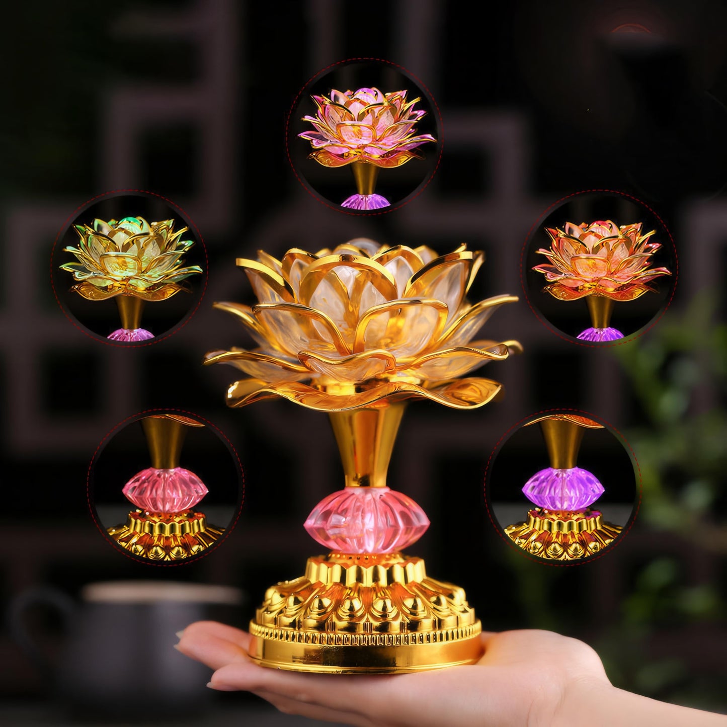 Omeet Colorful LED Lotus Buddhist Lamp, Built 13 Buddhist Songs, Gradient Buddha Light for Worship, Prayer and Display, Low Power Consumption, Eco, Buddhist Supplies - Gold