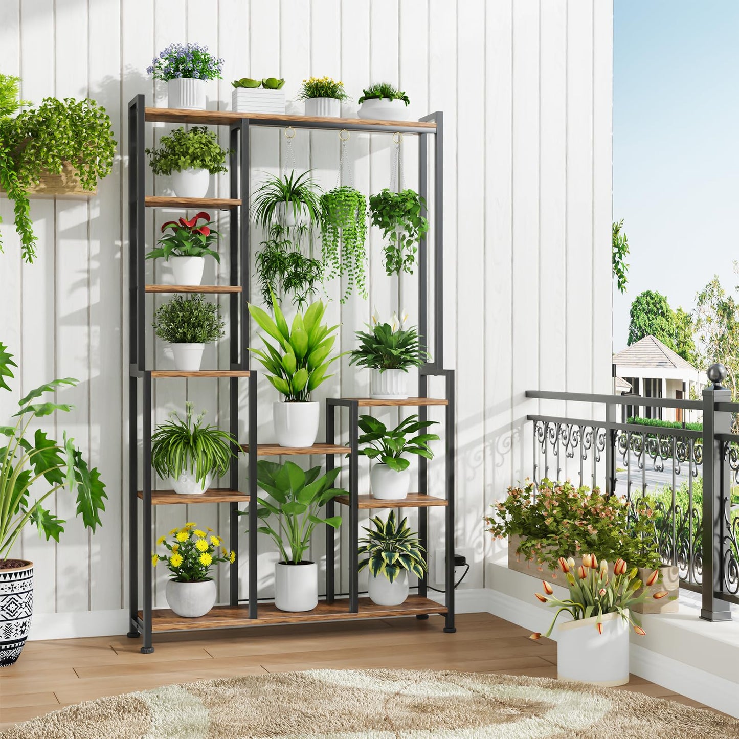 CYXPHION C2 Plant Stand Indoor with Grow Lights, Indoor Tiered Metal Plant Stand 70.87" Tall Plant Shelf with Hooks for Hanging, Plant Holder Display Shelves for Patio, Garden, Outdoor