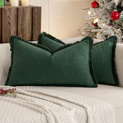 MIULEE Christmas Decorative Throw Pillow Covers Neutral Linen Fringe Fall Throw Pillows Set of 2 Natural Beige Boho Farmhouse Cushion Covers with Tassels for Couch Sofa Bed Home Decor 20x20 Inch