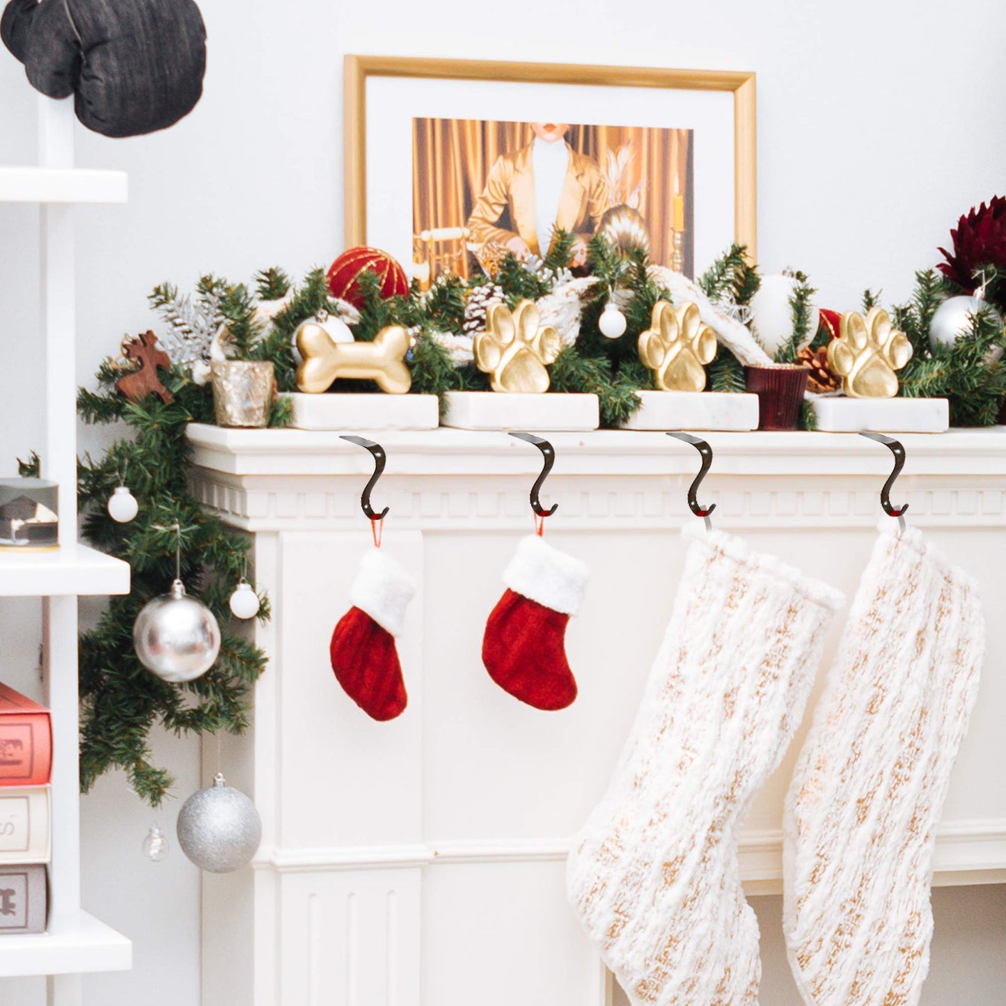 Originalidad Christmas Stocking Holders Metal Fireplace Stocking Hook Garland Mantle Hook for Christmas Decoration (4 Pack)