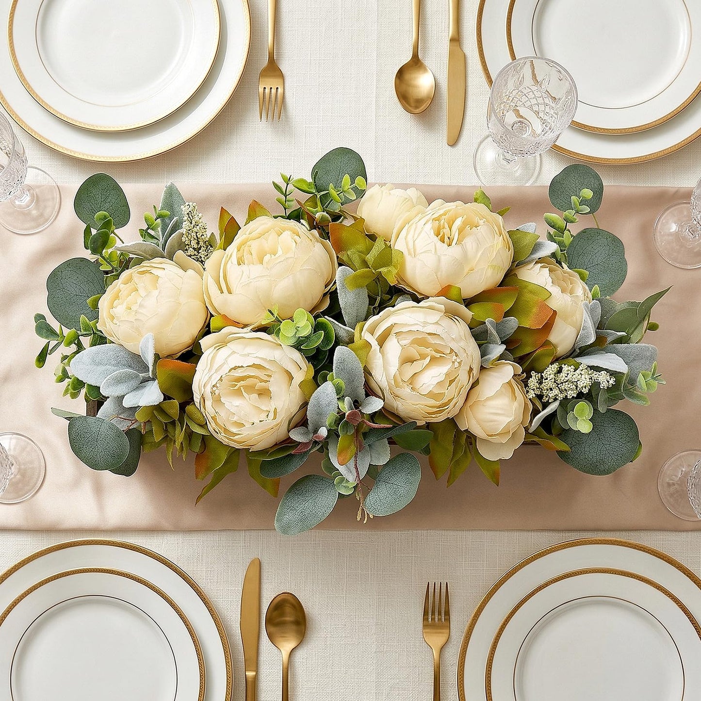 Scawim Flower Table Centerpieces for Dining Room, Summer Artificial Peony Table Centerpieces Wood Tray with Fake Flowers for Wedding Living Room Party Bar Kitchen Table(Champagne)