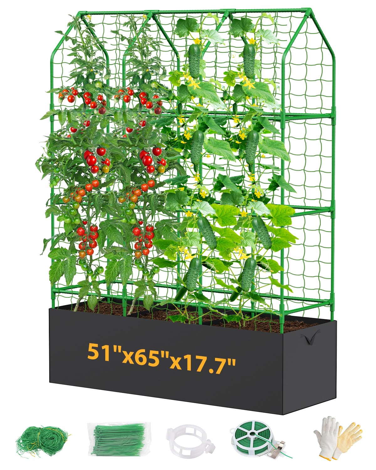 65" Cucumber Planter with Trellis for Climbing Plants Outdoor, Metal Garden Trellis for Raised Bed, Plant Support Structures with Netting for Cucumbers Tomatoes Beans Peas (50 * 17 * 65inch(L*W*H)