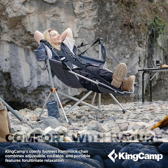 KingCamp Hammock Chair with Footrest – Heavy Duty Swinging Rocking Camping Chairs for Adults up to 400lbs, Folding Portable Oversized Rocker with Cup Holder & Pillow for Outdoor Beach Lawn RV Sports