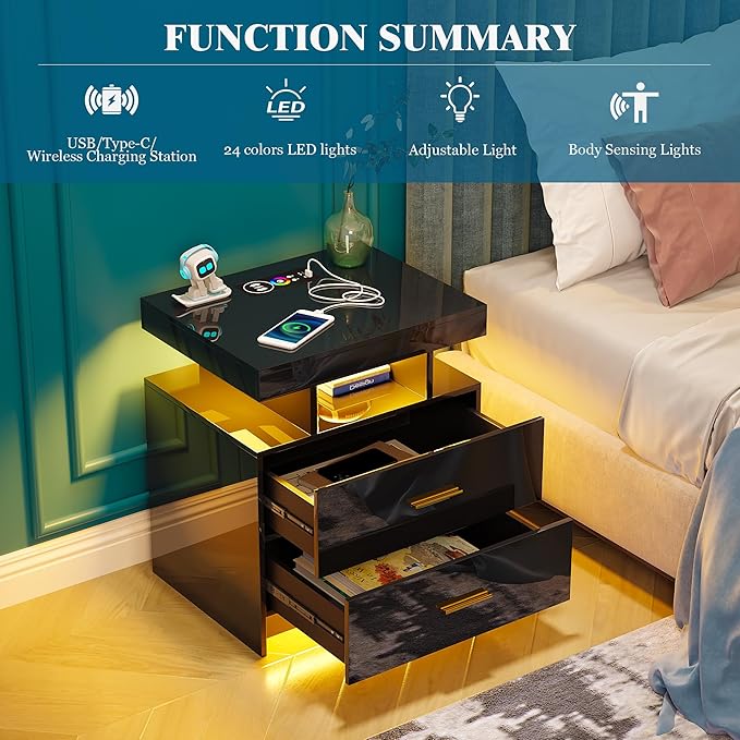 WOOVIVS Night Stand Set 2 with USB/Type-C/Wireless Charging Station, Blakc