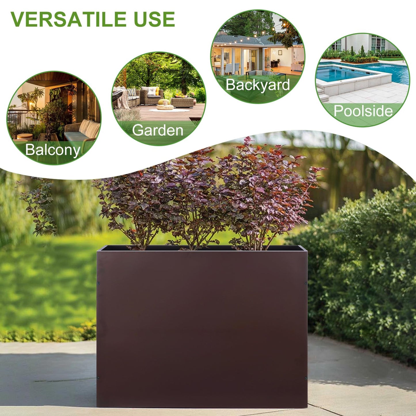 BAYN Metal Rectangular Planter Box Tall Planters for Outdoor Plants Modern Heavy Duty with Drainage Holes for Outside Indoor Patio Deck - Brown, 32”x 12”x 24”