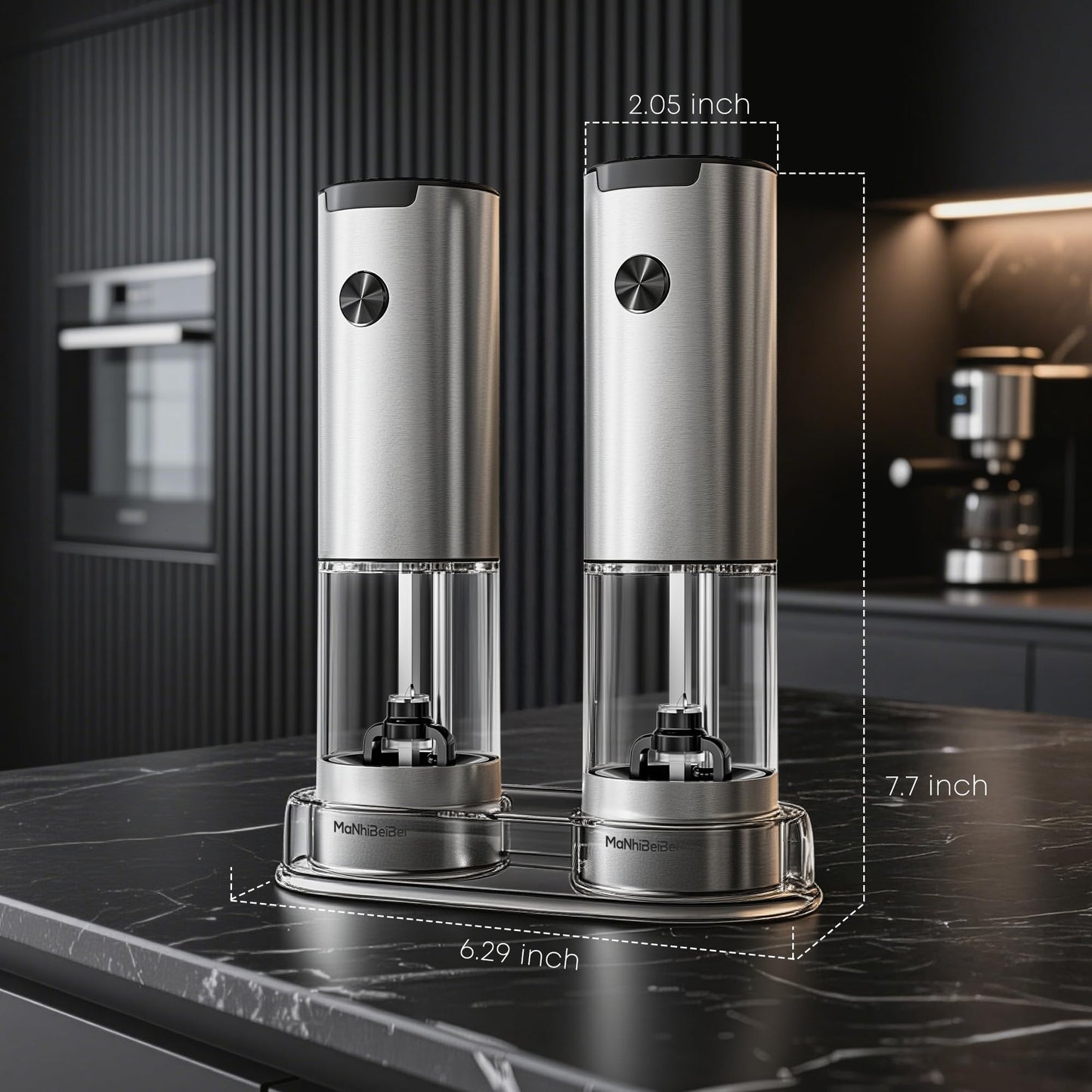 MaNhiBeiBei Electric Salt and Pepper Grinder Set - One-Hand Operated, Adjustable Coarseness, Ceramic Burrs, LED Light, Stainless Steel, Housewarming Gift (2 Pack)