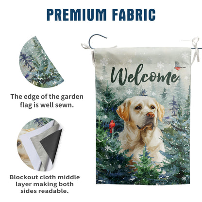 Welcome Winter Garden Flags White Lab Garden Flag Cardinal Birds on Snowy Pine Tree Flag Labrador Dog Yard Flags for Outside 12x18 Double Sided Christmas Decorative Lawn Flags