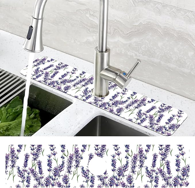 Watercolor Lavender Bunches Kitchen Sink Splash Guard Mat Absorbent Fast Drying
