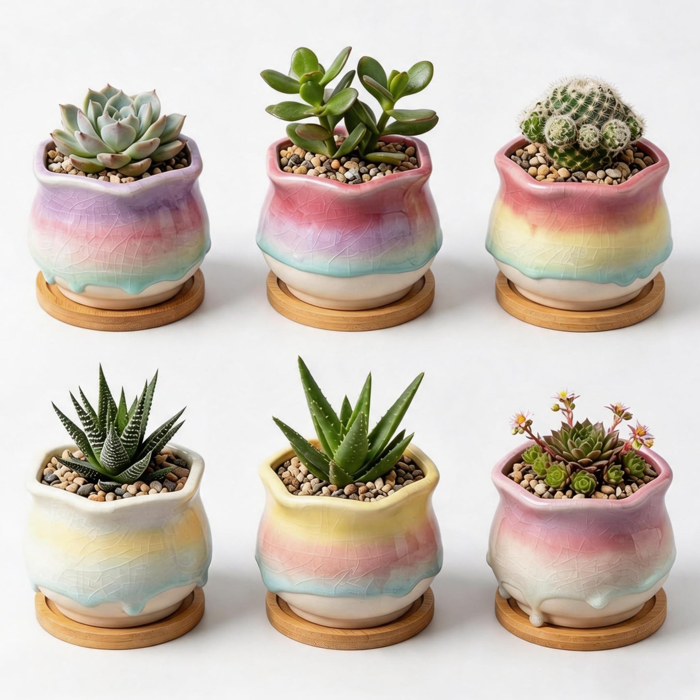 Togestar 6 Pack Ceramic Succulent Planters, 3.54" W × 3.35" H Gradient Crackle Glaze Flower Pots for Succulents, Cacti, Small Plants, Creative Gardening Decorative Planter Containers