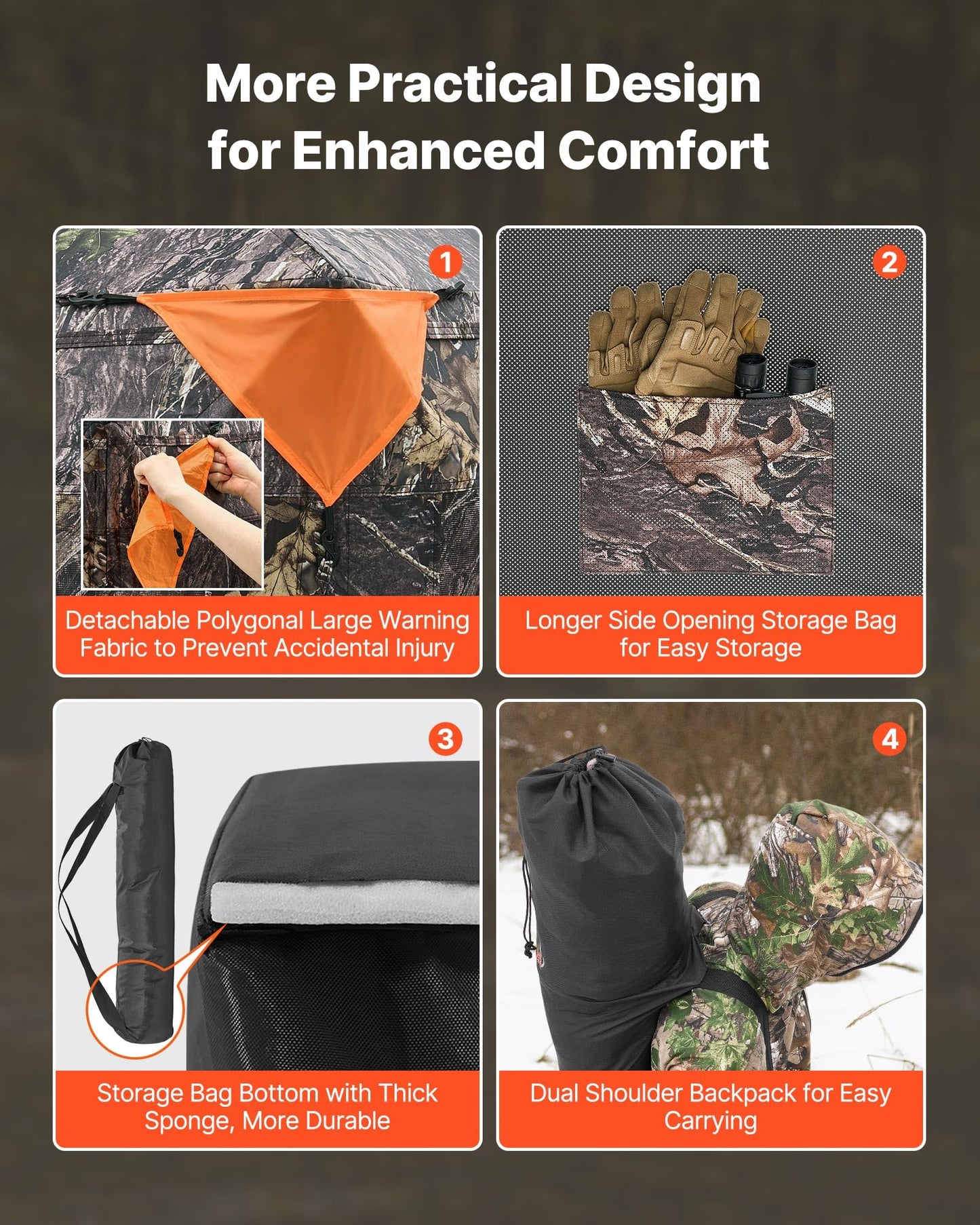 VEVOR Hunting Blind，See Through Ground Blinds with Carrying Bag, 360 Degree Portable Camouflage Tent，Durable Concealed Shelter with Silent Side Door and Window, for Turkey and Deer (4-5 Person)