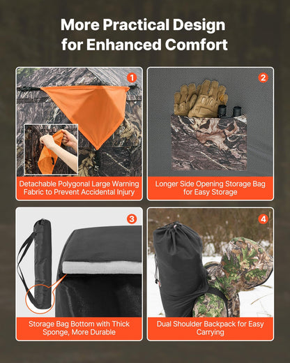 VEVOR Hunting Blind，See Through Ground Blinds with Carrying Bag, 360 Degree Portable Camouflage Tent，Durable Concealed Shelter with Silent Side Door and Window, for Turkey and Deer (4-5 Person)