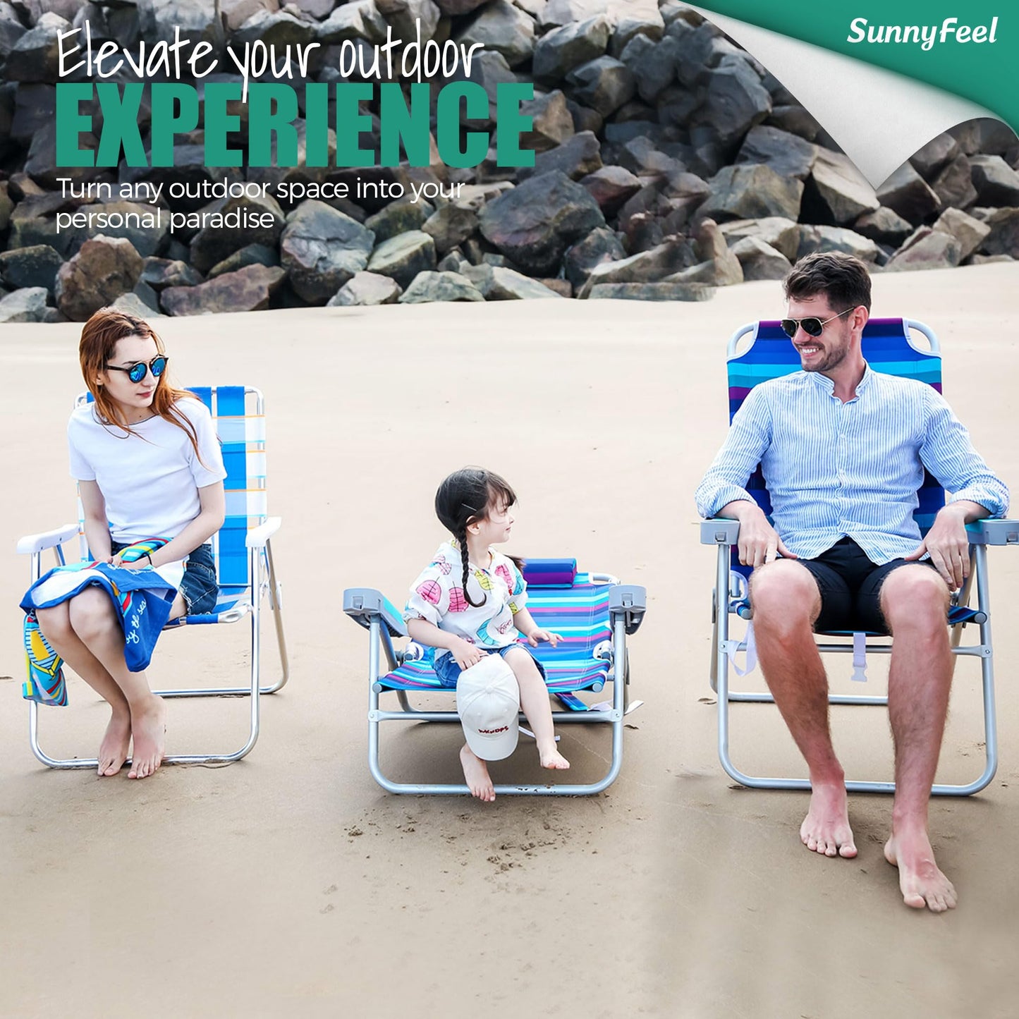 SUNNYFEEL Extra Wide 28" Low Beach Chair 5 Position Lay Flat, XL Oversized Portable Folding Camping Chairs with Cup Holder for Outdoor/Trip, Lightweight Foldable Backpack Beach Chair for Adults