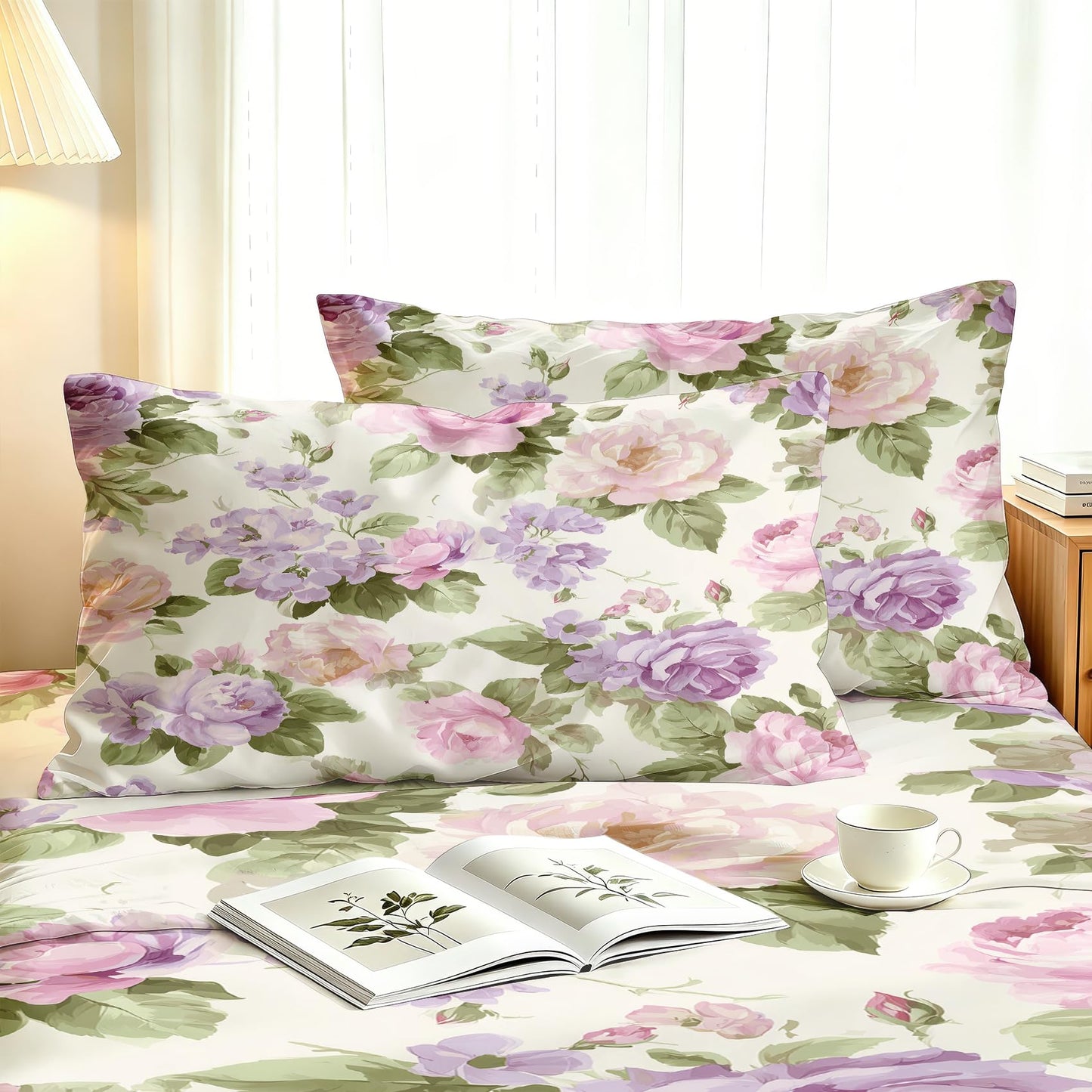 Purple Peony Queen Sheet Set 4 Pcs Watercolor Flowers Bed Sheets