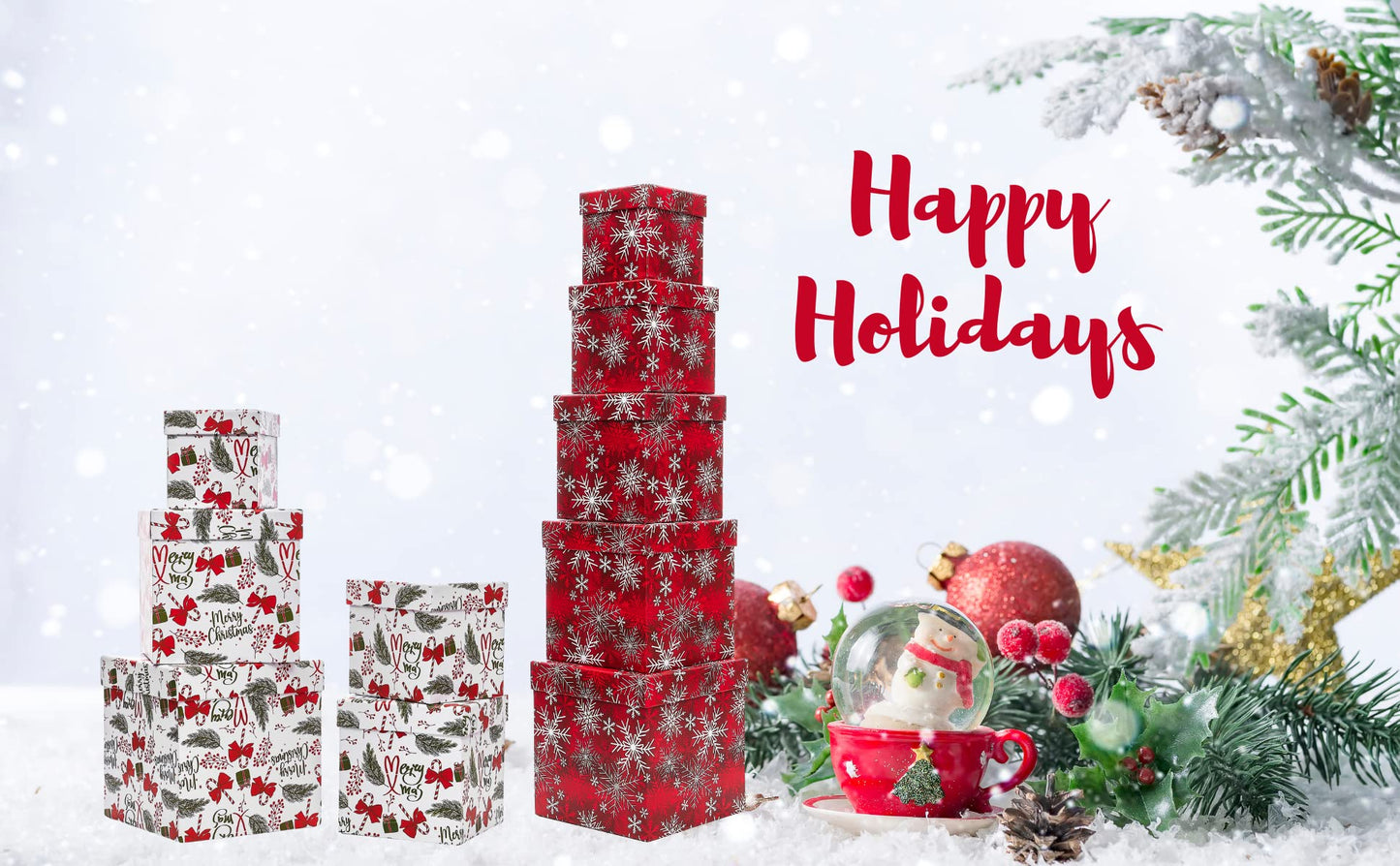 UNIQOOO 5PCS Christmas Nesting Gift Boxes with Lid, Nested Box Set, 5 Sizes, Square Stackable, Red White Green, Xmas Berry Candy Cane Paper Box Tower Décor, Holiday Thanksgiving New Year Packaging