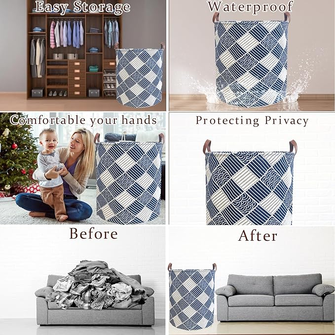 80L Waterproof Laundry Hamper in Family Leather Handle Laundry Basket in