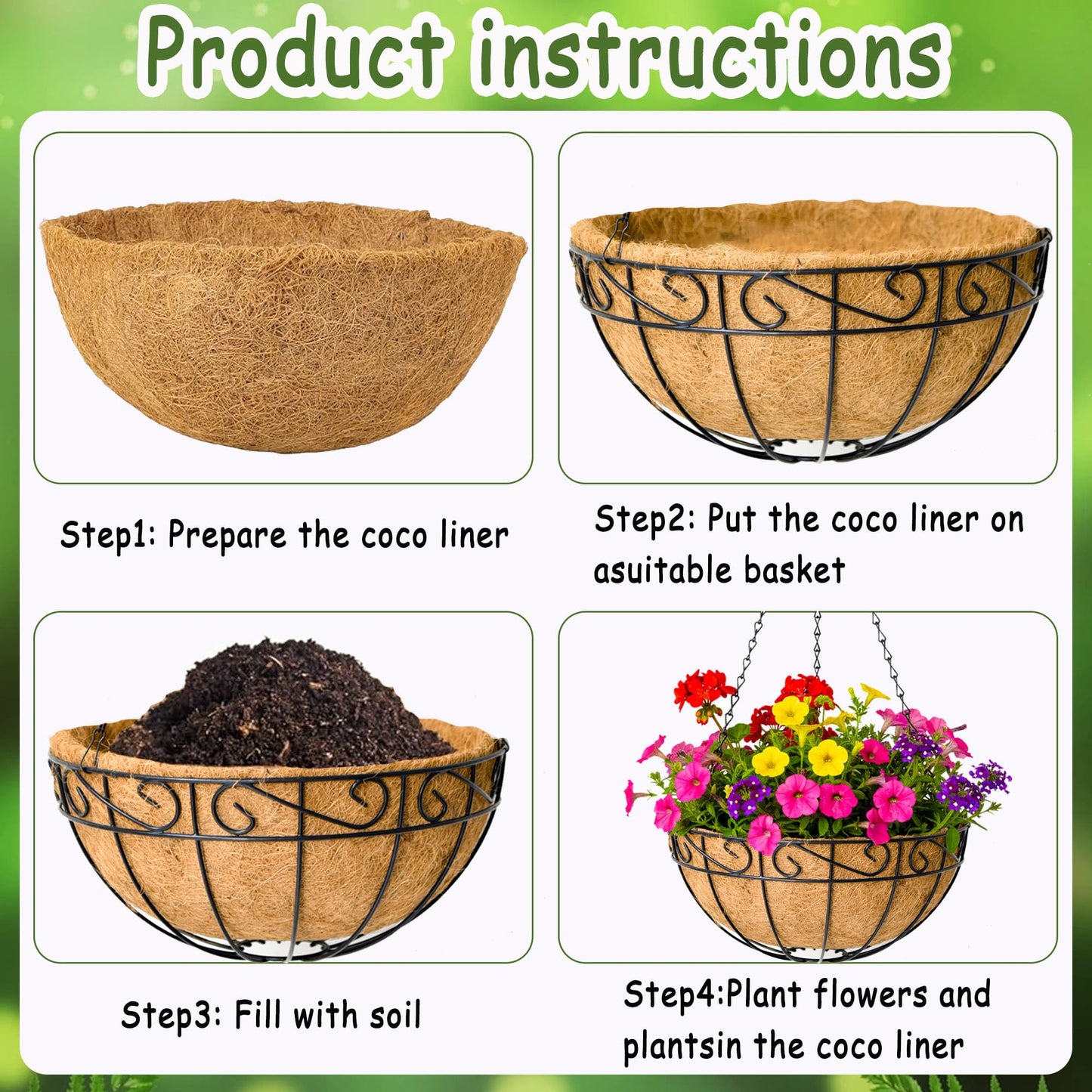 SMYAXUNW 14 Inch Hanging Planters (4 Pack) - Round Metal Baskets with Cocoa Liners for Indoor/Outdoor Gardens, Porch & Patio Decor（HB）