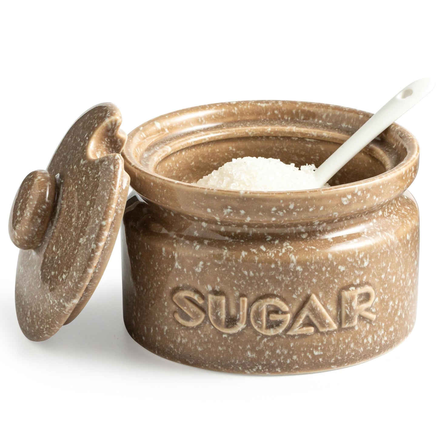 Gomakren Sugar Bowl with Lid and Spoon, Sugar Container Sugar Dish 10oz, Ceramic Sugar Jar for Coffee Bar, Kitchen, Countertop - Father's Day Modern Farmhouse Kitchen Decor, Brown