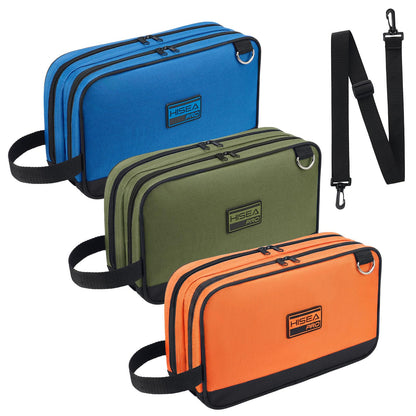 HISEA 3 Pack Small Tool Bag Set, 12 Inch Tools Pouch with 2 Pockets and Adjustable Shoulder Strap, Small Tool Organizer and Storage with Zipper for Electrican, Travel, Green Orange Blue