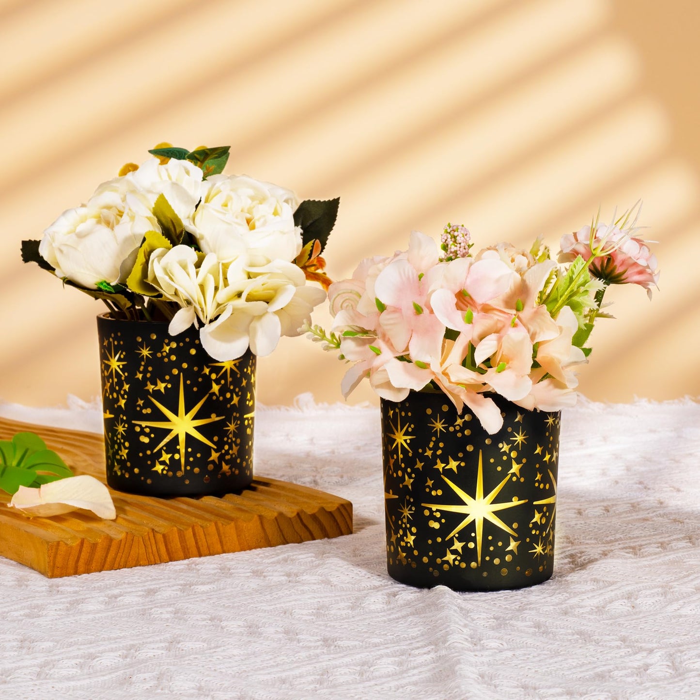 Toptime Votive Candle Holders Black and Gold, Glass Tealight Candle Holder Set of 3 with Stars Pattern, Vintage Tea Light Holders for Christmas Table Centerpiece Birthday Party Vanlentine's Day