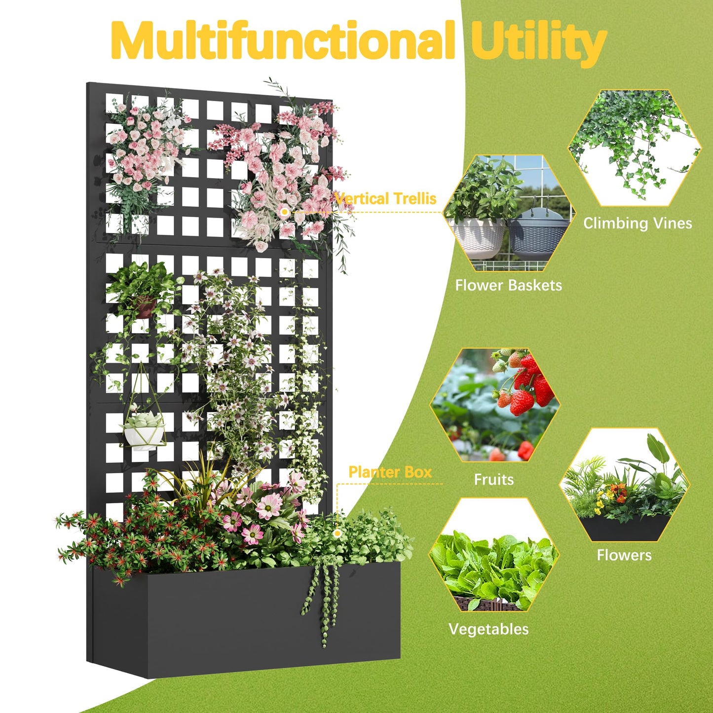 UPHYB Metal Planter Box with Trellis, 71"x 35"x 16" Raised Garden Bed with Trellis, Planter Box Trellis with Privacy Screen and Drainage Holes, Black