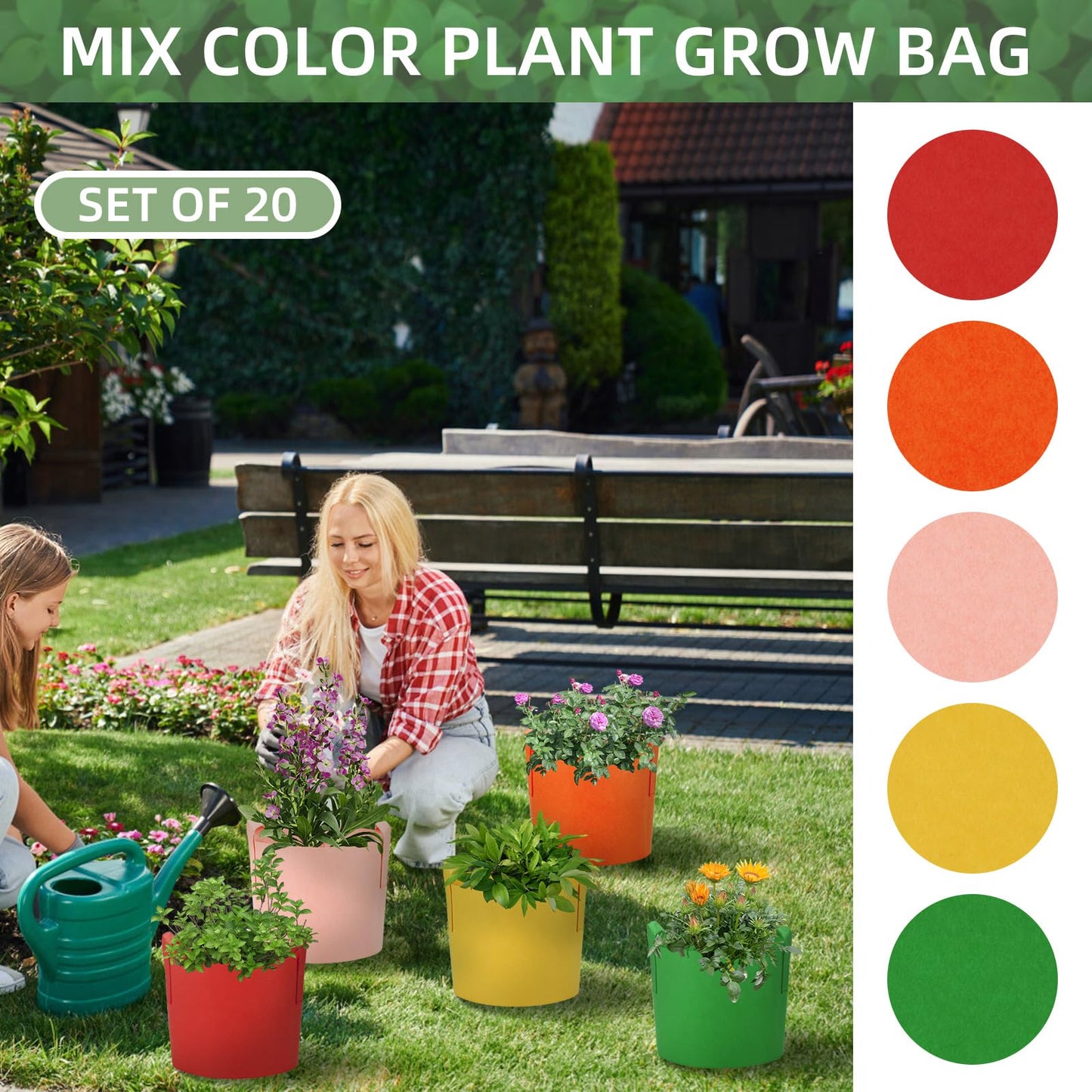 Ohiyoo 20 Pack 15 Gallon Grow Bags, Colorful Potato Plant Grow Bags with Handles, Nonwoven Garden Fabric Pots for Vegetable Fruit Flowers Herbs Tomato Potato Growing (15 Gal)